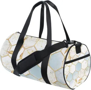 Modern Marbling Gold White Marble Geometric Rhombus with Gold Leaves Portable Gym Bag, Travel Bag, Luggage bag, Sports Bag, Toiletry Bag with Handles, Detachable Shoulder Strap 17.6 x 9 x 9 inch