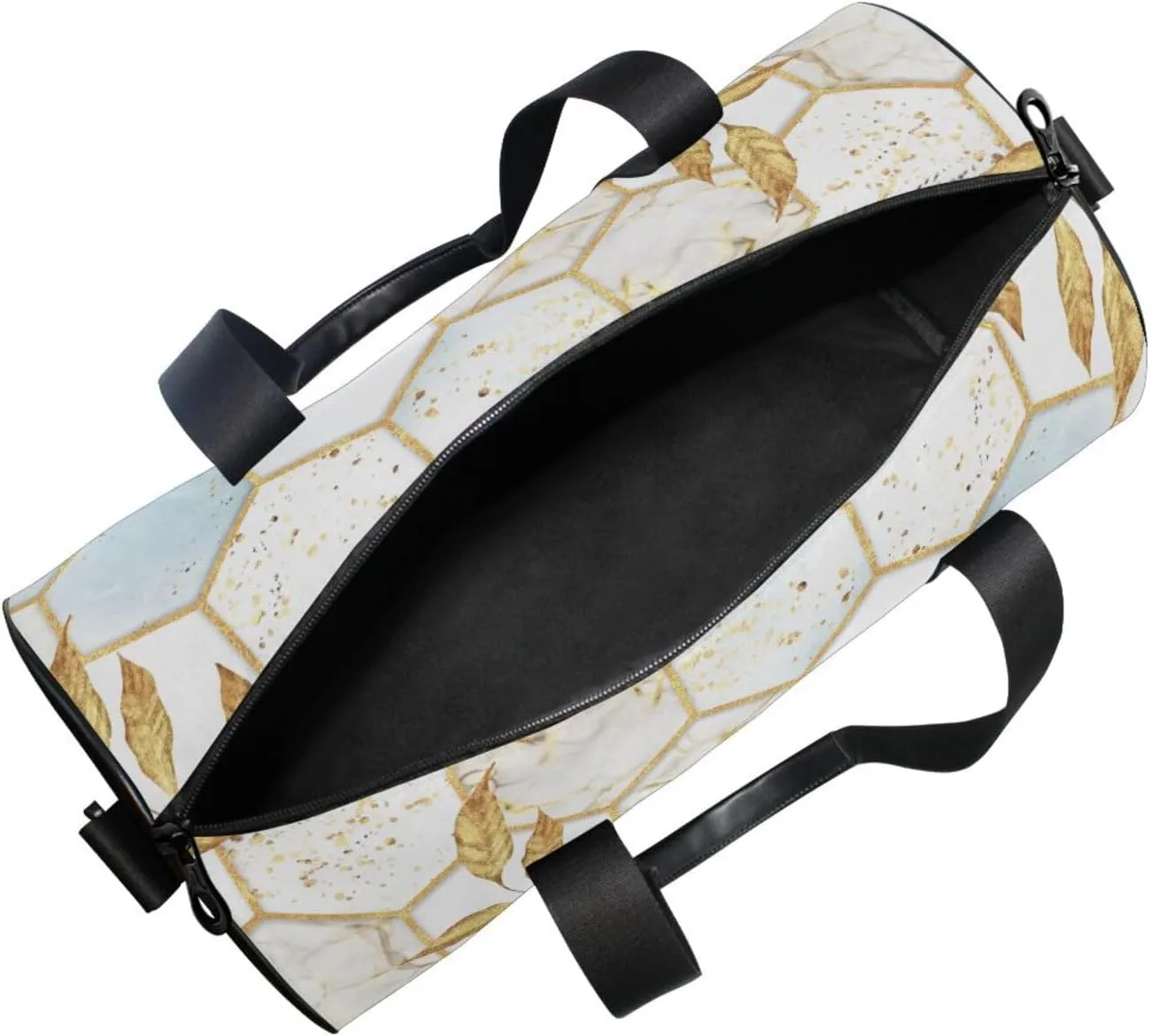 Modern Marbling Gold White Marble Geometric Rhombus with Gold Leaves Portable Gym Bag, Travel Bag, Luggage bag, Sports Bag, Toiletry Bag with Handles, Detachable Shoulder Strap 17.6 x 9 x 9 inch