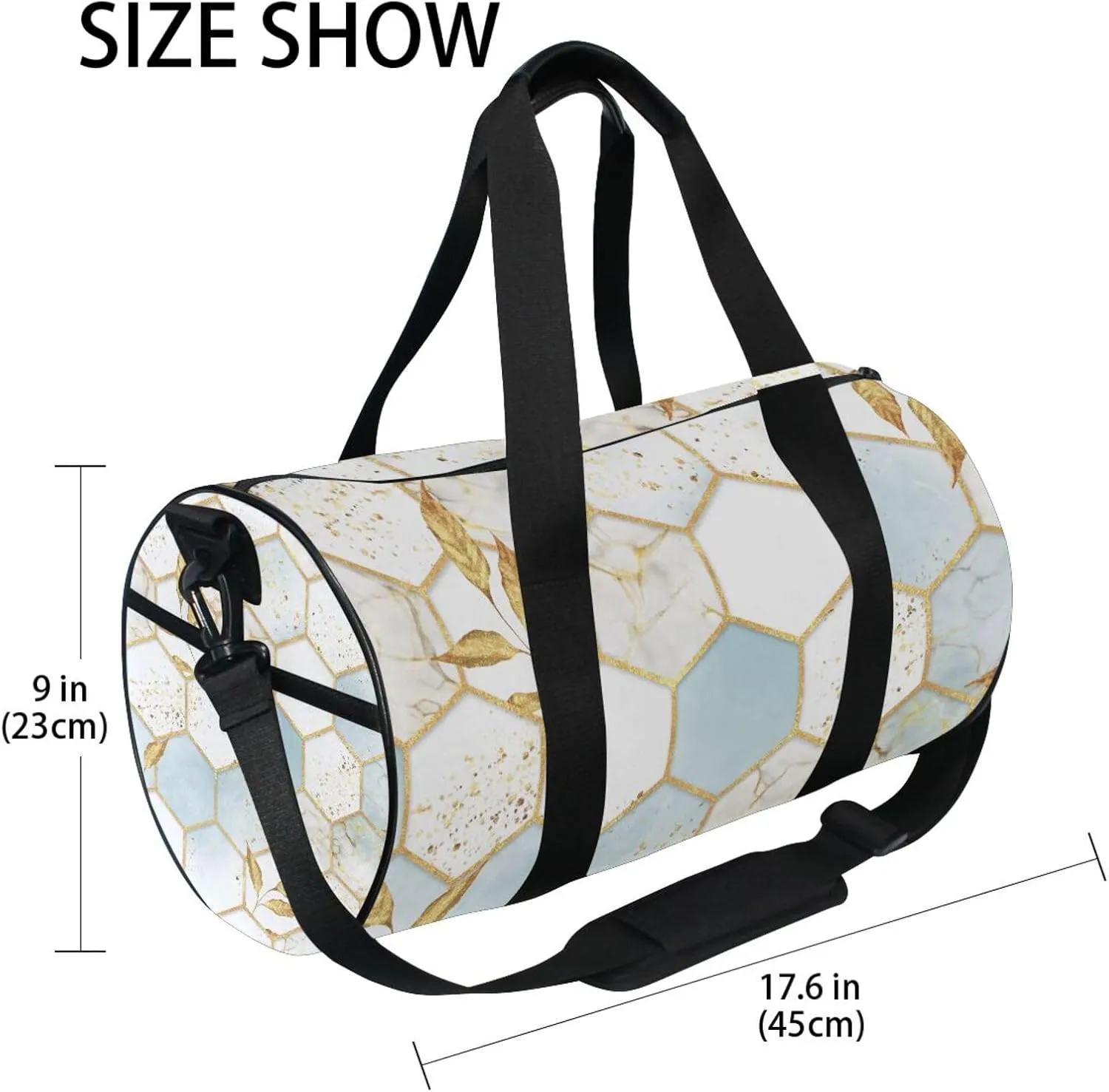 Modern Marbling Gold White Marble Geometric Rhombus with Gold Leaves Portable Gym Bag, Travel Bag, Luggage bag, Sports Bag, Toiletry Bag with Handles, Detachable Shoulder Strap 17.6 x 9 x 9 inch