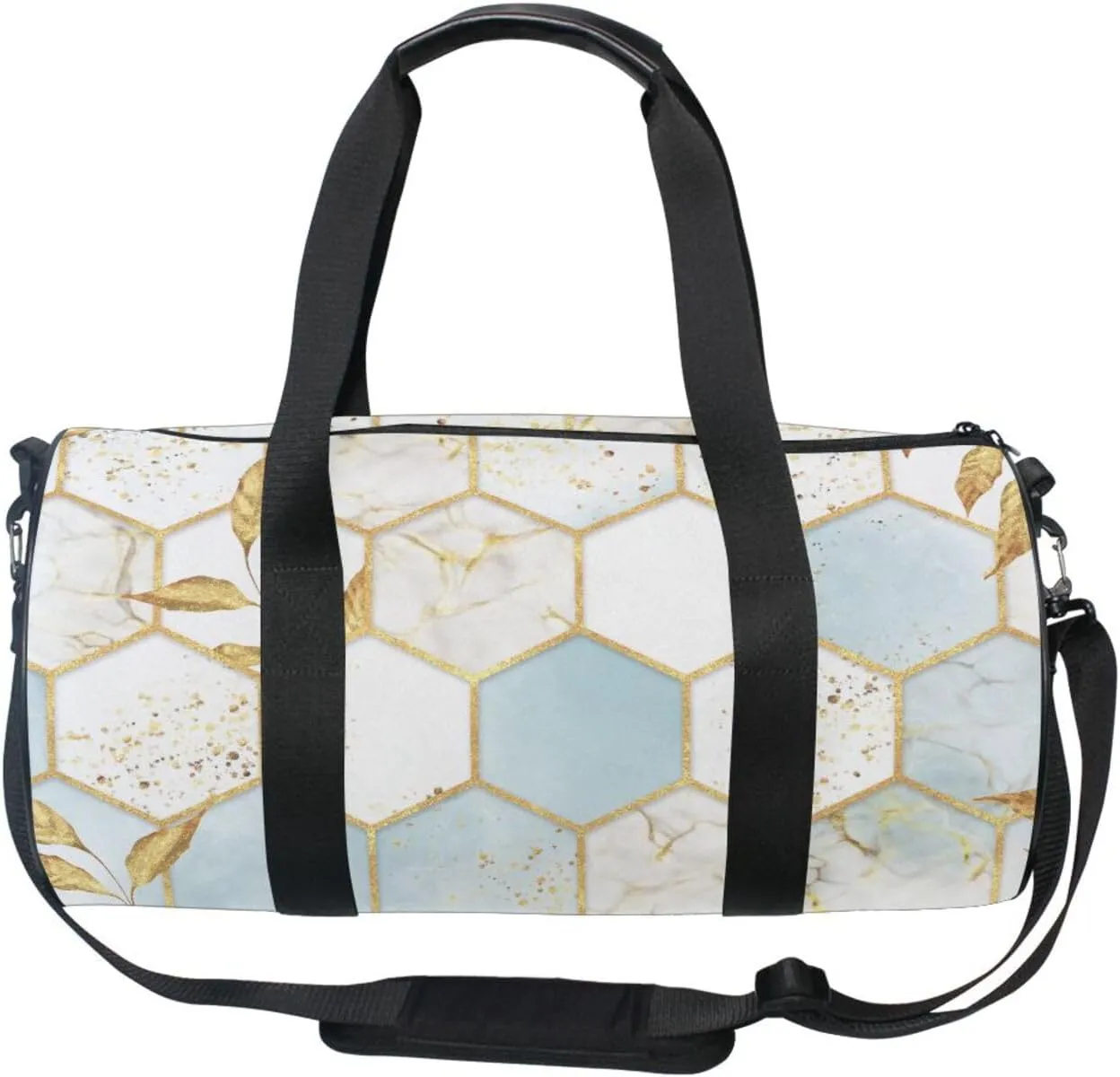 Modern Marbling Gold White Marble Geometric Rhombus with Gold Leaves Portable Gym Bag, Travel Bag, Luggage bag, Sports Bag, Toiletry Bag with Handles, Detachable Shoulder Strap 17.6 x 9 x 9 inch