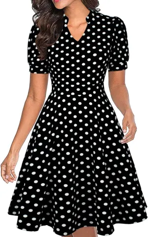 Mokayee Womens Summer Short Puff Sleeve Casual Semi-Formal Fit and Flare Church Wedding Guest Work Dresses with Pockets