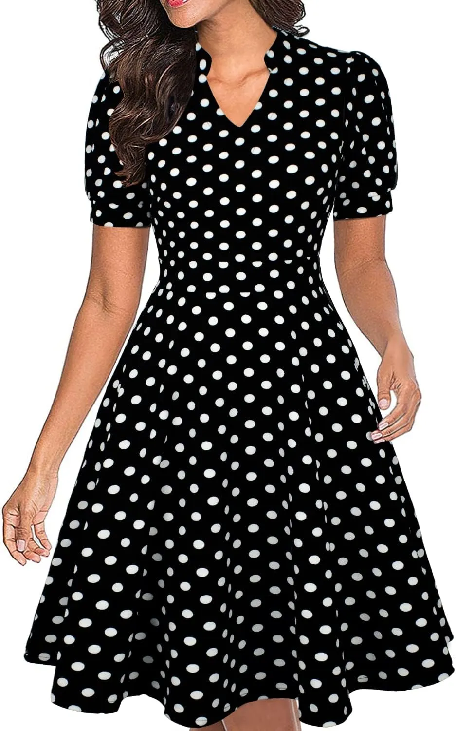 Mokayee Womens Summer Short Puff Sleeve Casual Semi-Formal Fit and Flare Church Wedding Guest Work Dresses with Pockets