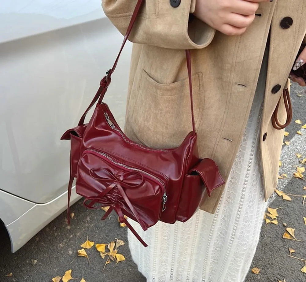 Molodo Crossbody Bags for Women Bow Bag Purses for Women Trendy Chic Shoulder Bag Burgundy Purse Pleated Handbag Underarm Bag