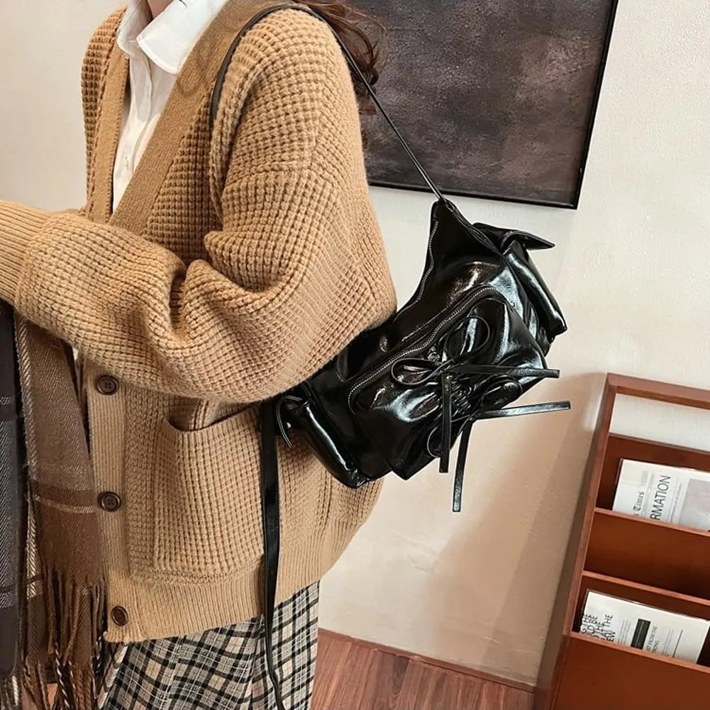 Molodo Crossbody Bags for Women Bow Bag Purses for Women Trendy Chic Shoulder Bag Burgundy Purse Pleated Handbag Underarm Bag