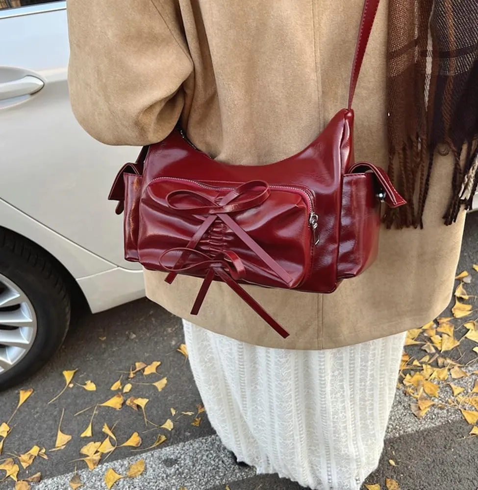 Molodo Crossbody Bags for Women Bow Bag Purses for Women Trendy Chic Shoulder Bag Burgundy Purse Pleated Handbag Underarm Bag