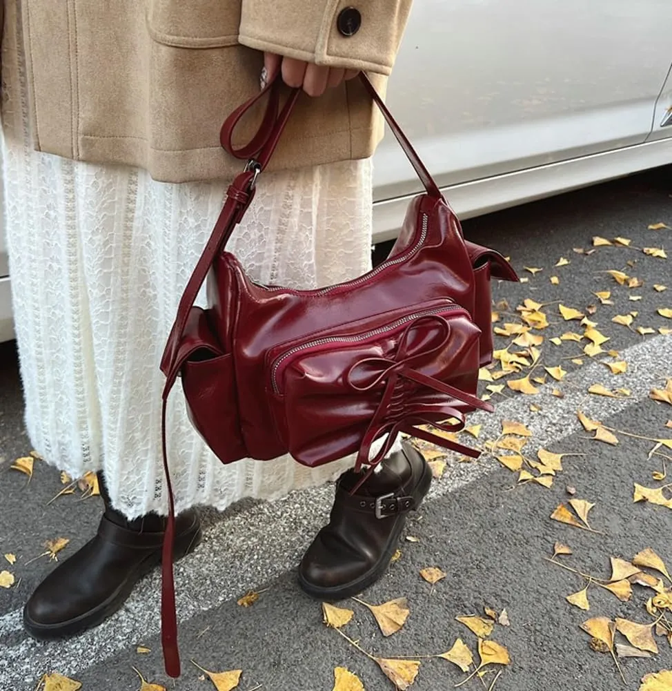 Molodo Crossbody Bags for Women Bow Bag Purses for Women Trendy Chic Shoulder Bag Burgundy Purse Pleated Handbag Underarm Bag