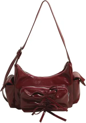 Molodo Crossbody Bags for Women Bow Bag Purses for Women Trendy Chic Shoulder Bag Burgundy Purse Pleated Handbag Underarm Bag