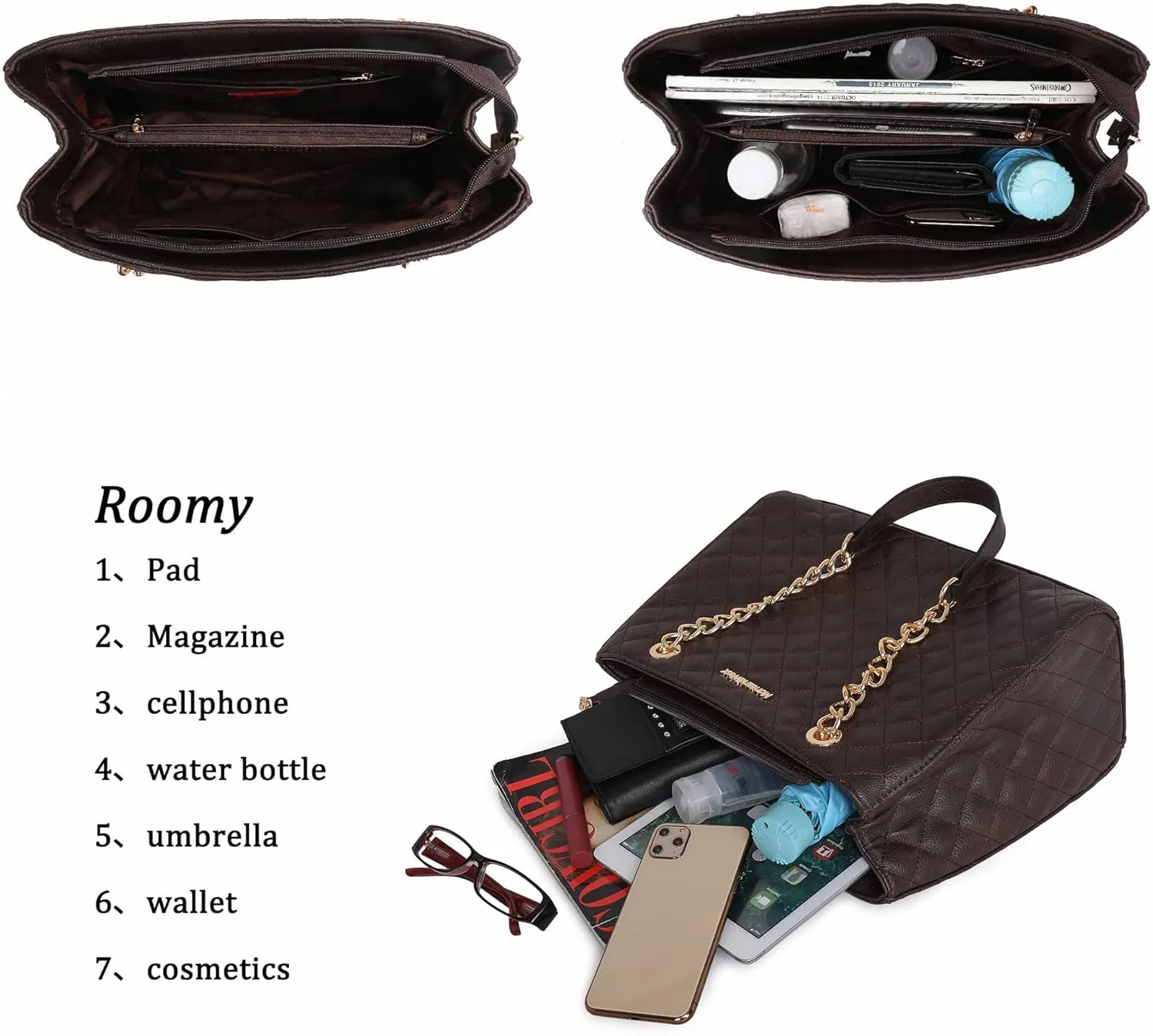 Montana West MEDIUM Tote Bag for Women Quilted Chain Handbags Shoulder Purse