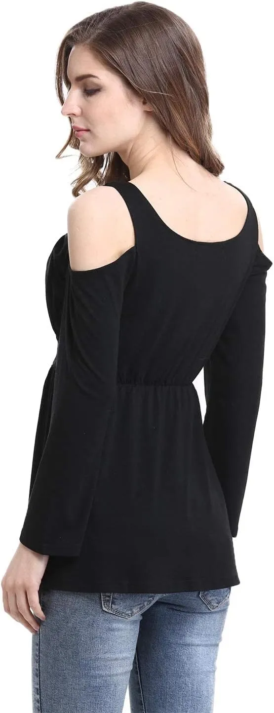 MOONCOLOUR Women's Cold Shoulder Lace Up Casual Tunic Solid Blouse Tops