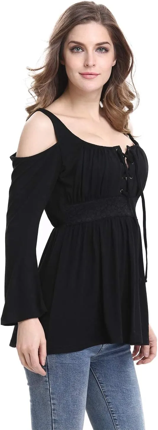 MOONCOLOUR Women's Cold Shoulder Lace Up Casual Tunic Solid Blouse Tops
