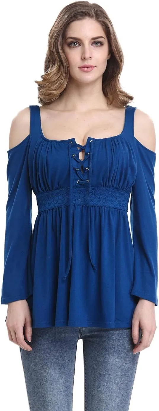 MOONCOLOUR Women's Cold Shoulder Lace Up Casual Tunic Solid Blouse Tops