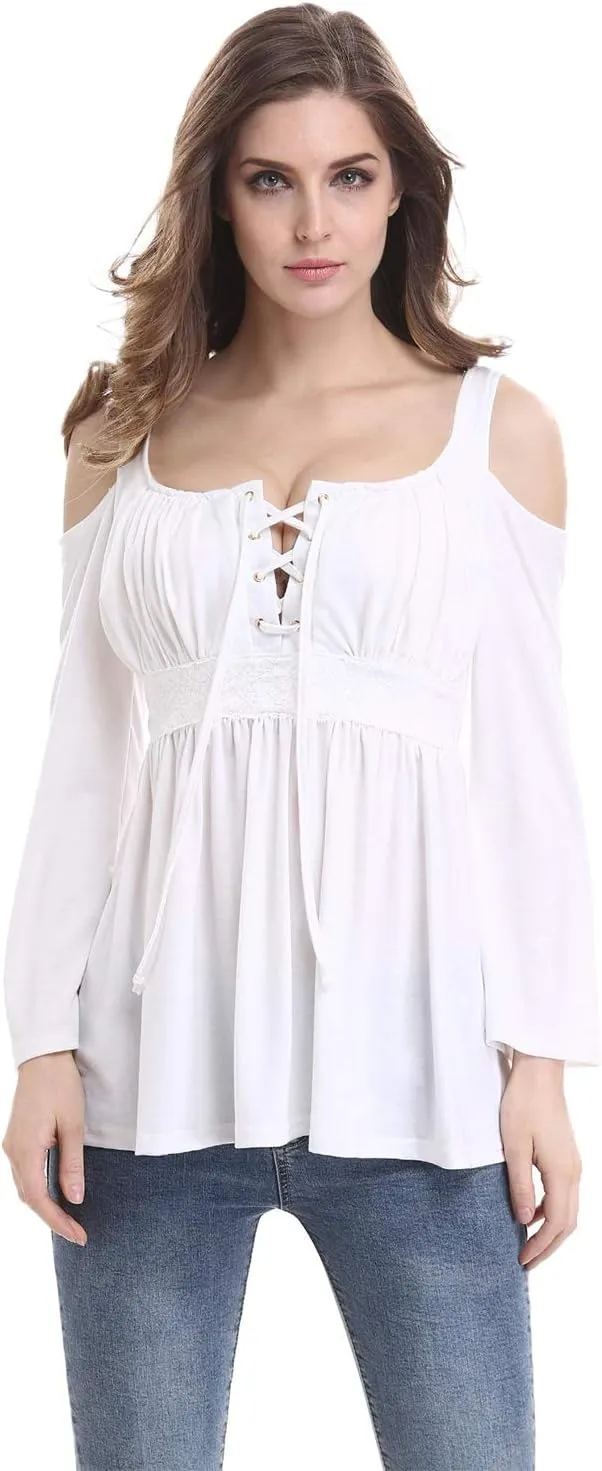 MOONCOLOUR Women's Cold Shoulder Lace Up Casual Tunic Solid Blouse Tops