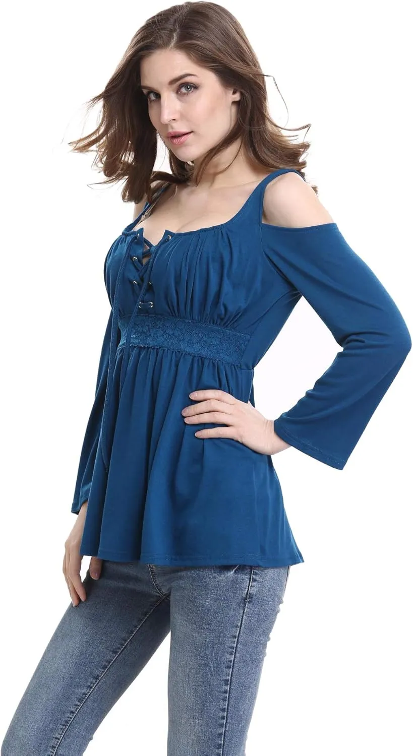 MOONCOLOUR Women's Cold Shoulder Lace Up Casual Tunic Solid Blouse Tops