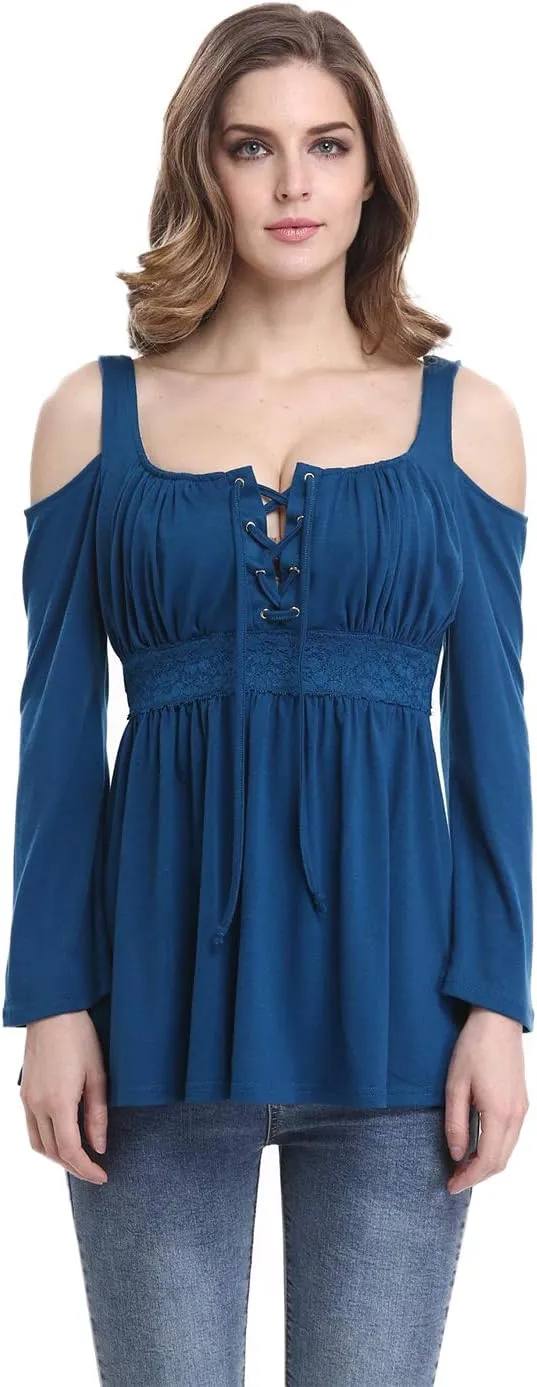 MOONCOLOUR Women's Cold Shoulder Lace Up Casual Tunic Solid Blouse Tops