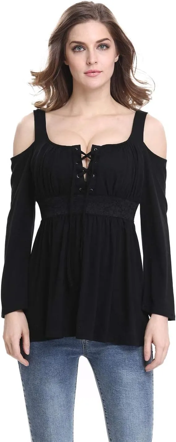 MOONCOLOUR Women's Cold Shoulder Lace Up Casual Tunic Solid Blouse Tops