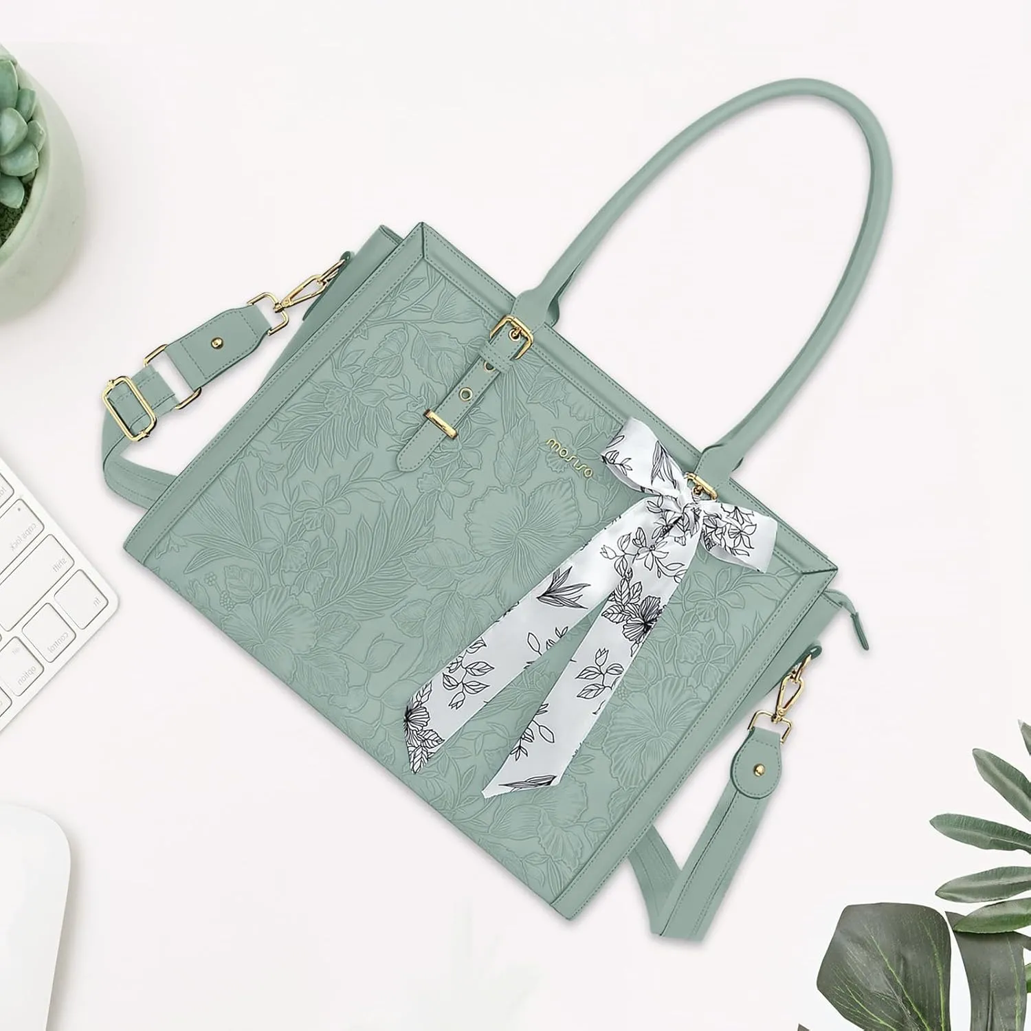 MOSISO Laptop Bag for Women, 17-17.3 inch PU Leather Tote Bag Compatible with MacBook, HP, Dell, Asus Notebook, Front Embossed Retro Hibiscus Computer Bag with Silk Scarf&Clutch Purse, Antique Green