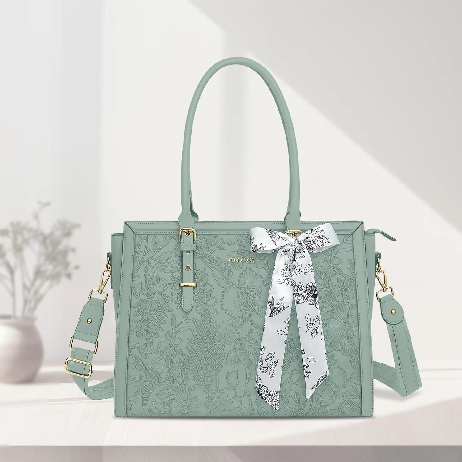 MOSISO Laptop Bag for Women, 17-17.3 inch PU Leather Tote Bag Compatible with MacBook, HP, Dell, Asus Notebook, Front Embossed Retro Hibiscus Computer Bag with Silk Scarf&Clutch Purse, Antique Green