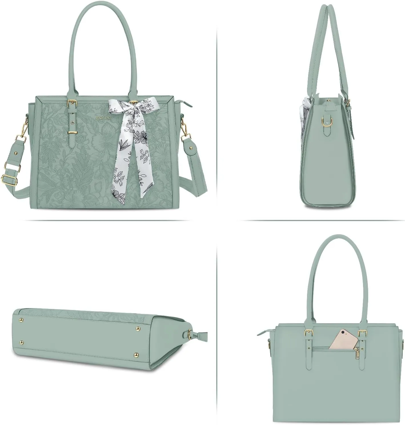 MOSISO Laptop Bag for Women, 17-17.3 inch PU Leather Tote Bag Compatible with MacBook, HP, Dell, Asus Notebook, Front Embossed Retro Hibiscus Computer Bag with Silk Scarf&Clutch Purse, Antique Green
