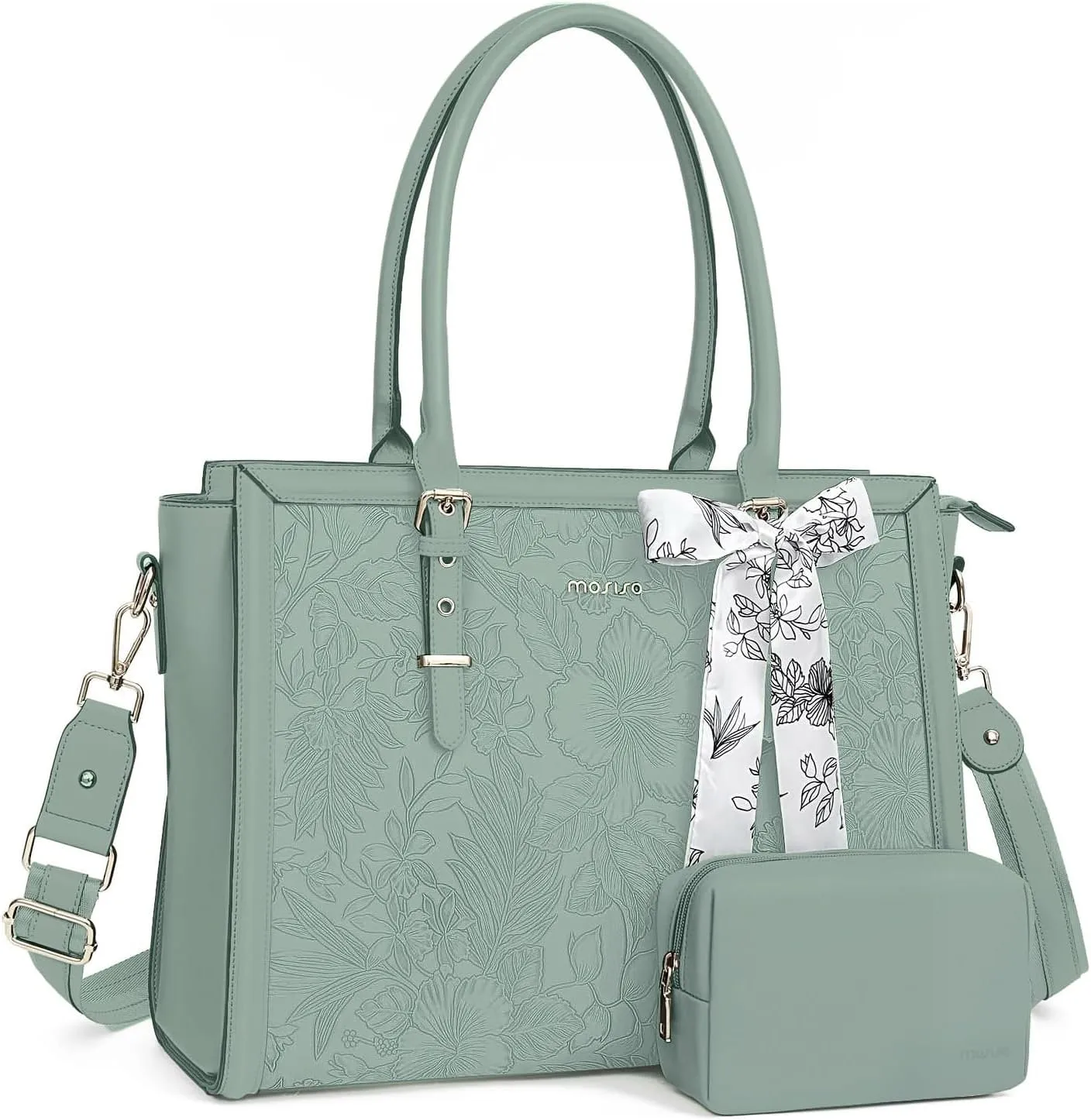 MOSISO Laptop Bag for Women, 17-17.3 inch PU Leather Tote Bag Compatible with MacBook, HP, Dell, Asus Notebook, Front Embossed Retro Hibiscus Computer Bag with Silk Scarf&Clutch Purse, Antique Green