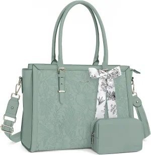 MOSISO Laptop Bag for Women, 17-17.3 inch PU Leather Tote Bag Compatible with MacBook, HP, Dell, Asus Notebook, Front Embossed Retro Hibiscus Computer Bag with Silk Scarf&Clutch Purse, Antique Green