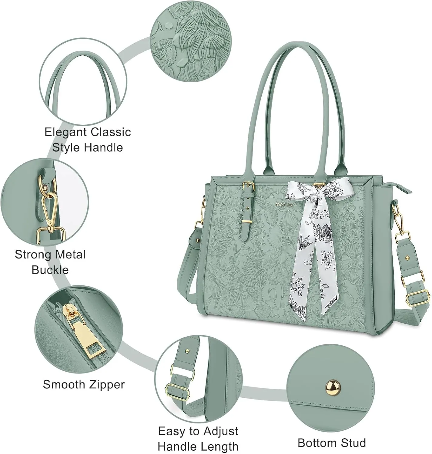 MOSISO Laptop Bag for Women, 17-17.3 inch PU Leather Tote Bag Compatible with MacBook, HP, Dell, Asus Notebook, Front Embossed Retro Hibiscus Computer Bag with Silk Scarf&Clutch Purse, Antique Green
