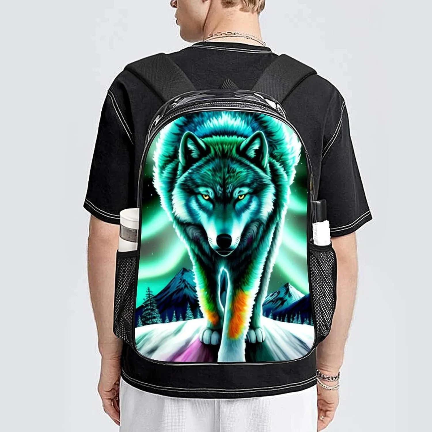 Mountain And Northern Light Wolves Psychedelic Art Backpack Lightweight Anti-Theft Multipurpose Shoulder Bag Large Capacity Travel Hiking Backpack Transparent Bag