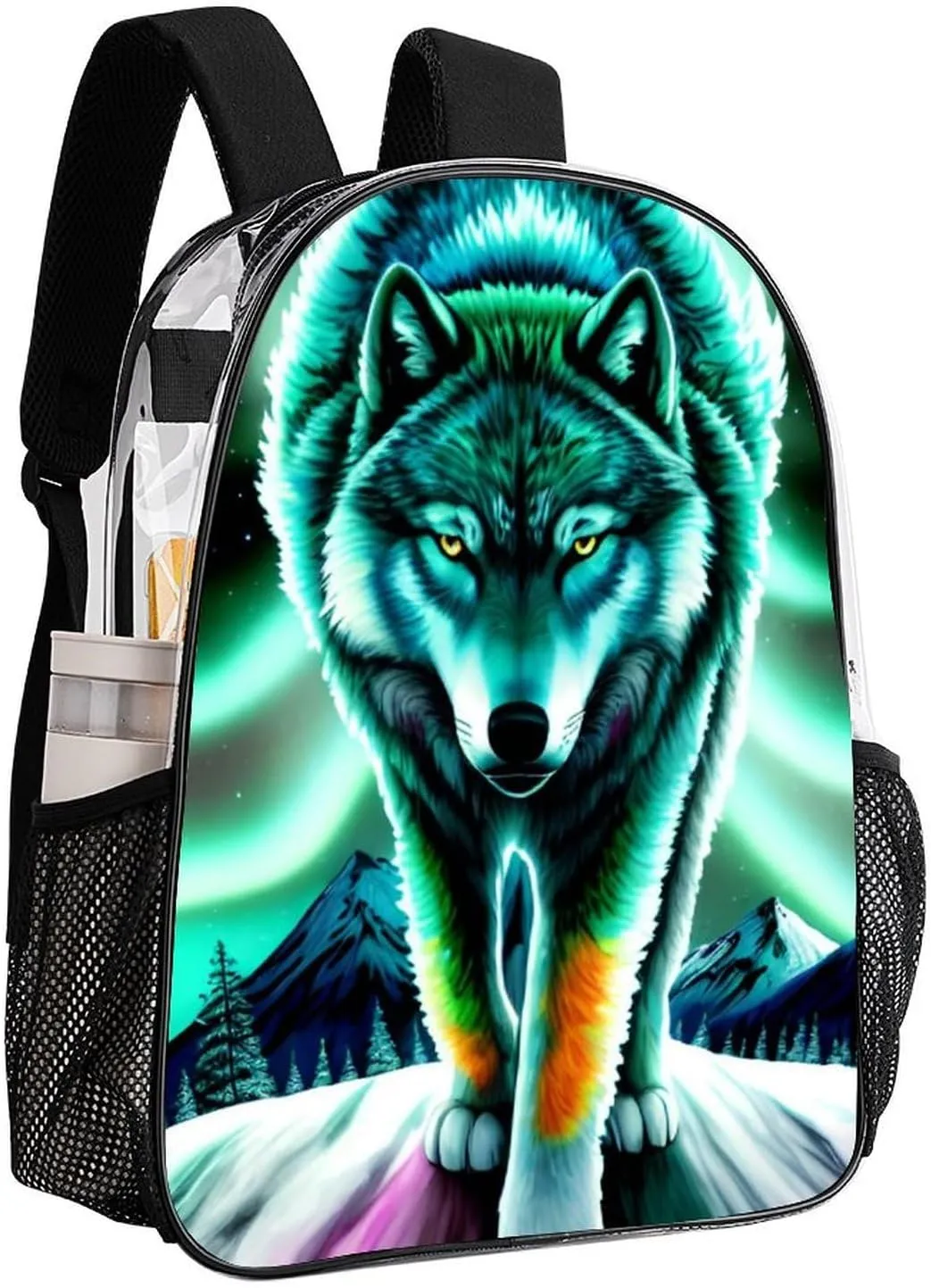 Mountain And Northern Light Wolves Psychedelic Art Backpack Lightweight Anti-Theft Multipurpose Shoulder Bag Large Capacity Travel Hiking Backpack Transparent Bag