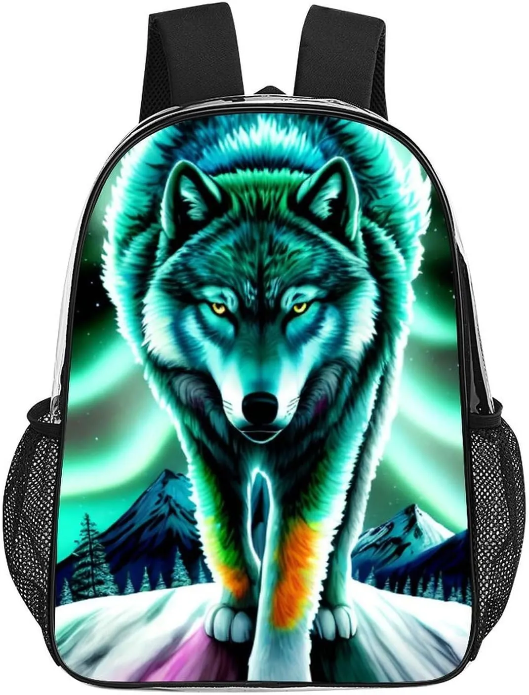 Mountain And Northern Light Wolves Psychedelic Art Backpack Lightweight Anti-Theft Multipurpose Shoulder Bag Large Capacity Travel Hiking Backpack Transparent Bag