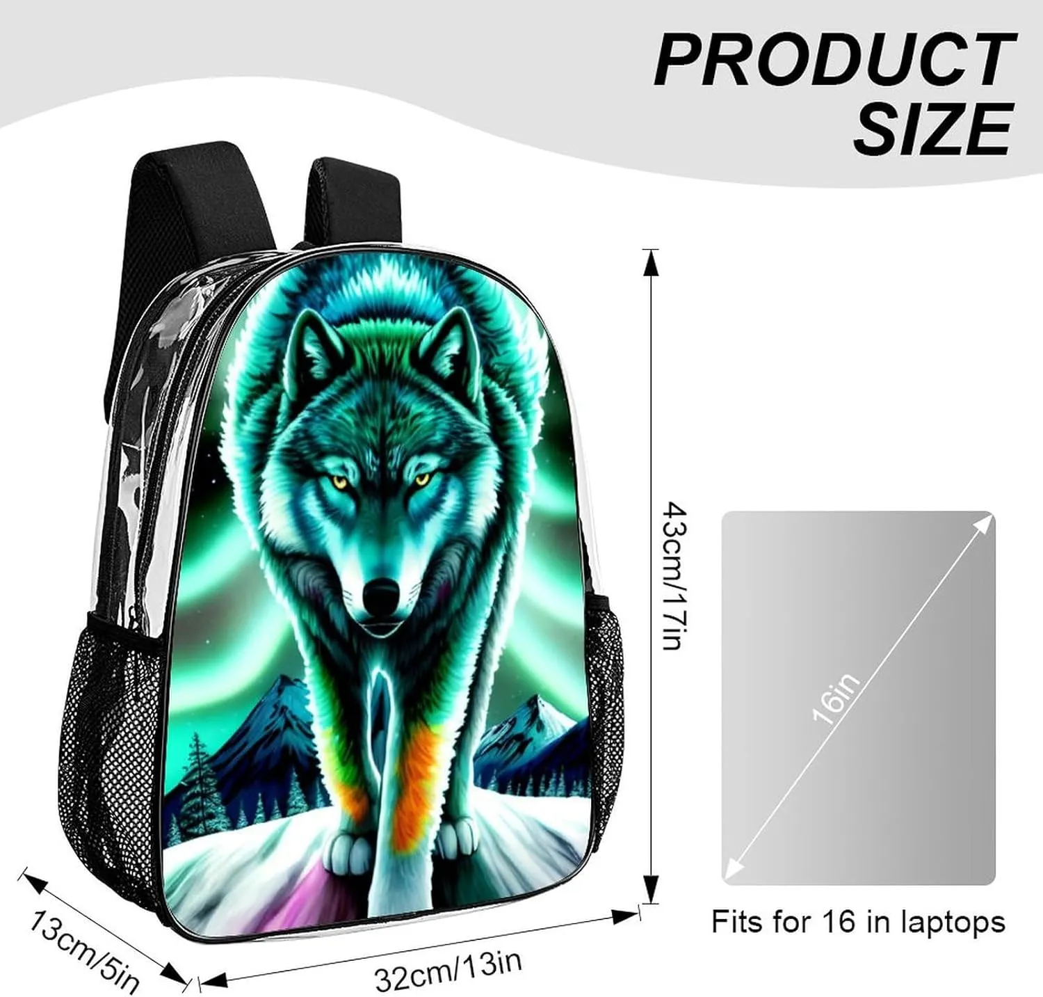 Mountain And Northern Light Wolves Psychedelic Art Backpack Lightweight Anti-Theft Multipurpose Shoulder Bag Large Capacity Travel Hiking Backpack Transparent Bag