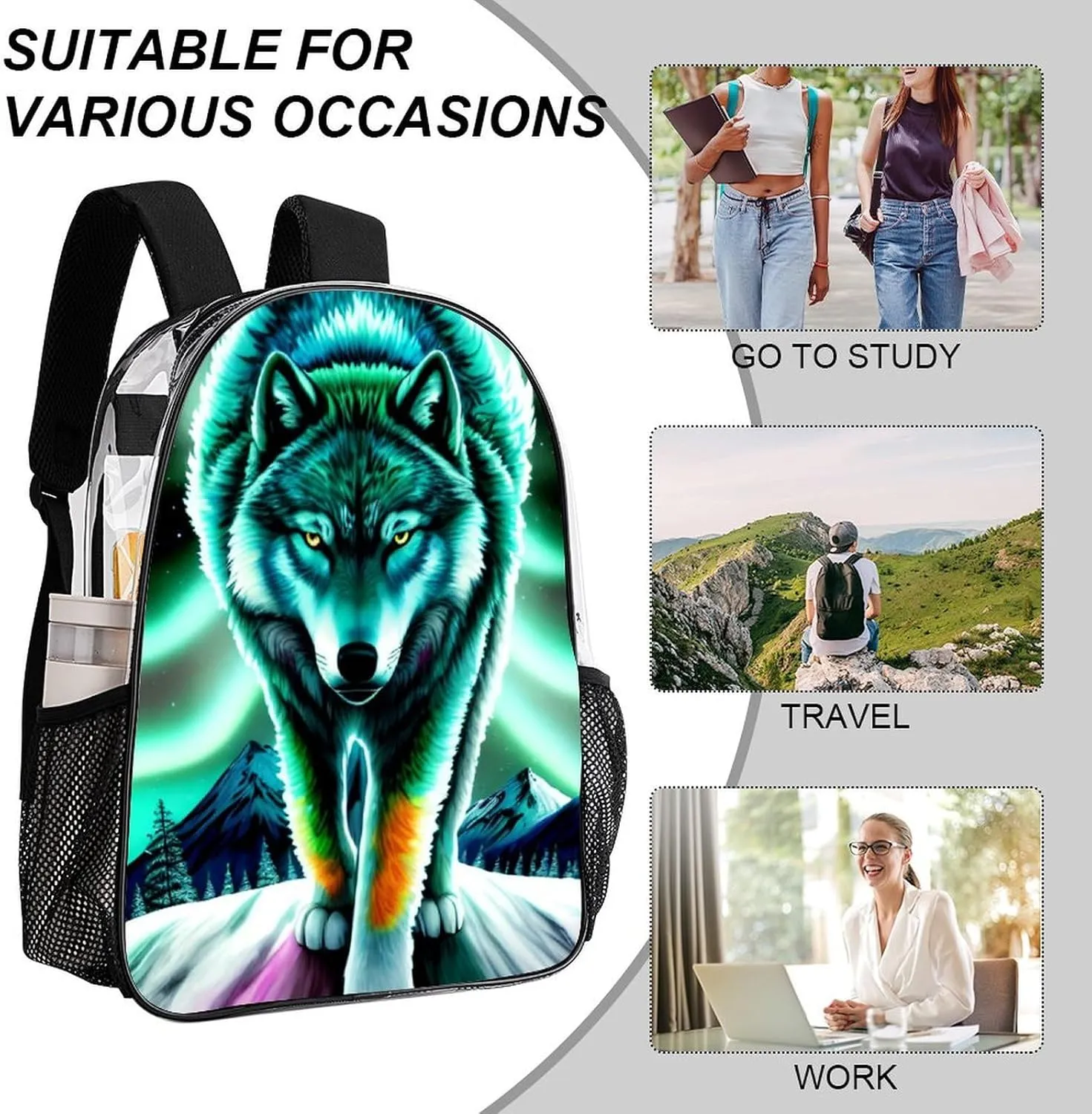 Mountain And Northern Light Wolves Psychedelic Art Backpack Lightweight Anti-Theft Multipurpose Shoulder Bag Large Capacity Travel Hiking Backpack Transparent Bag