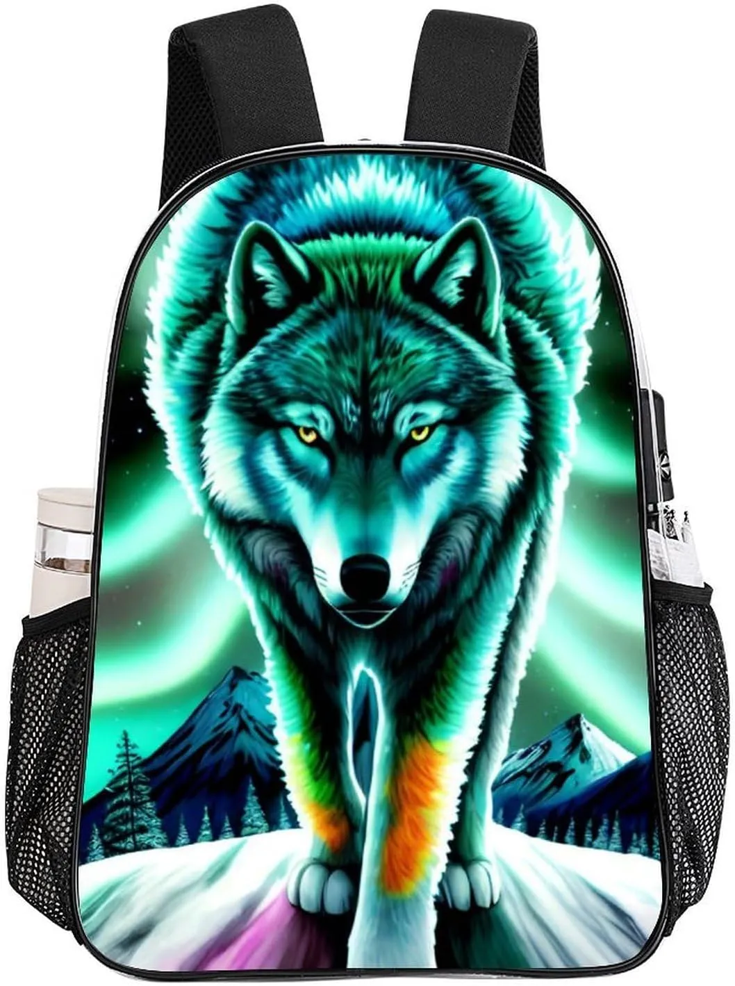 Mountain And Northern Light Wolves Psychedelic Art Backpack Lightweight Anti-Theft Multipurpose Shoulder Bag Large Capacity Travel Hiking Backpack Transparent Bag