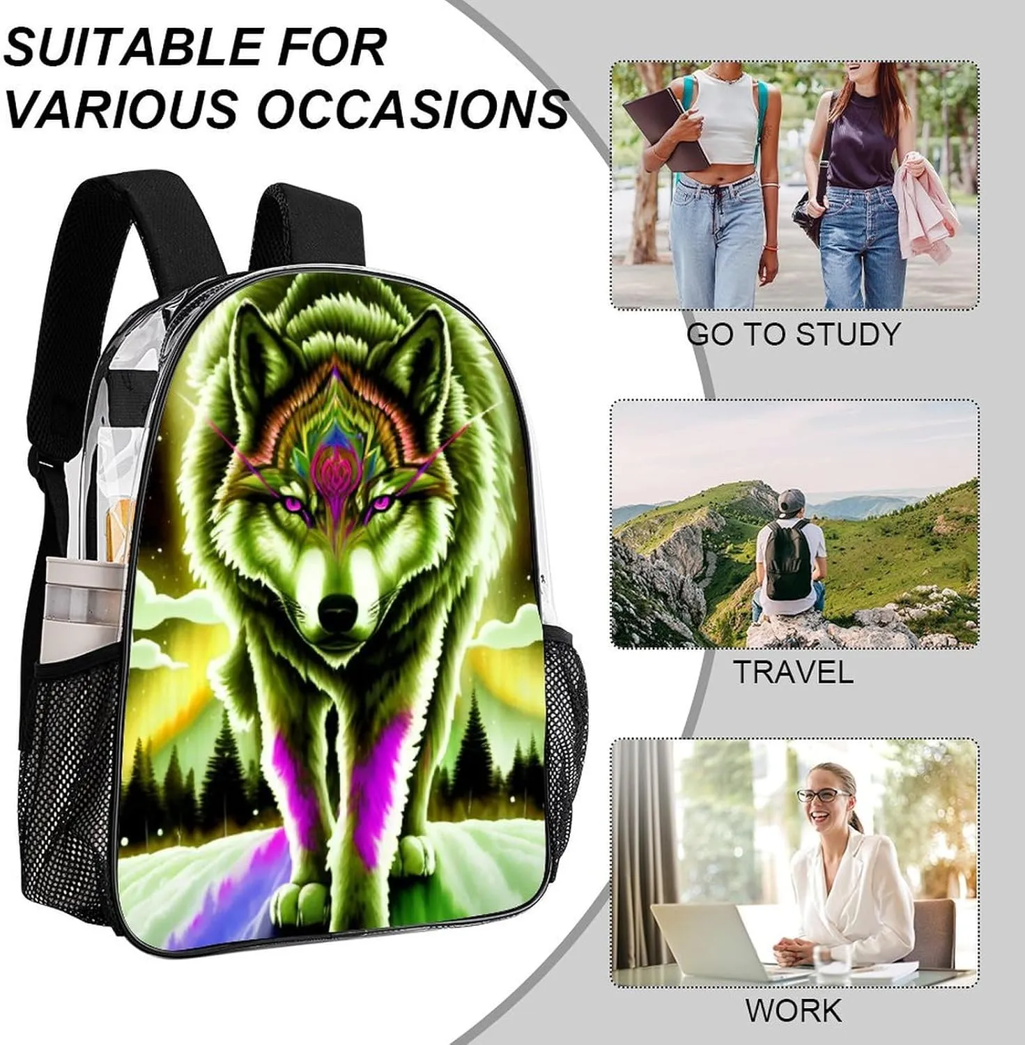 Mountain And Northern Light Wolves Psychedelic Art Shoulder Book Bags Transparent Multipurpose Anti-Theft Carry On Bag Large Capacity Travel Hiking & Camping Rucksack