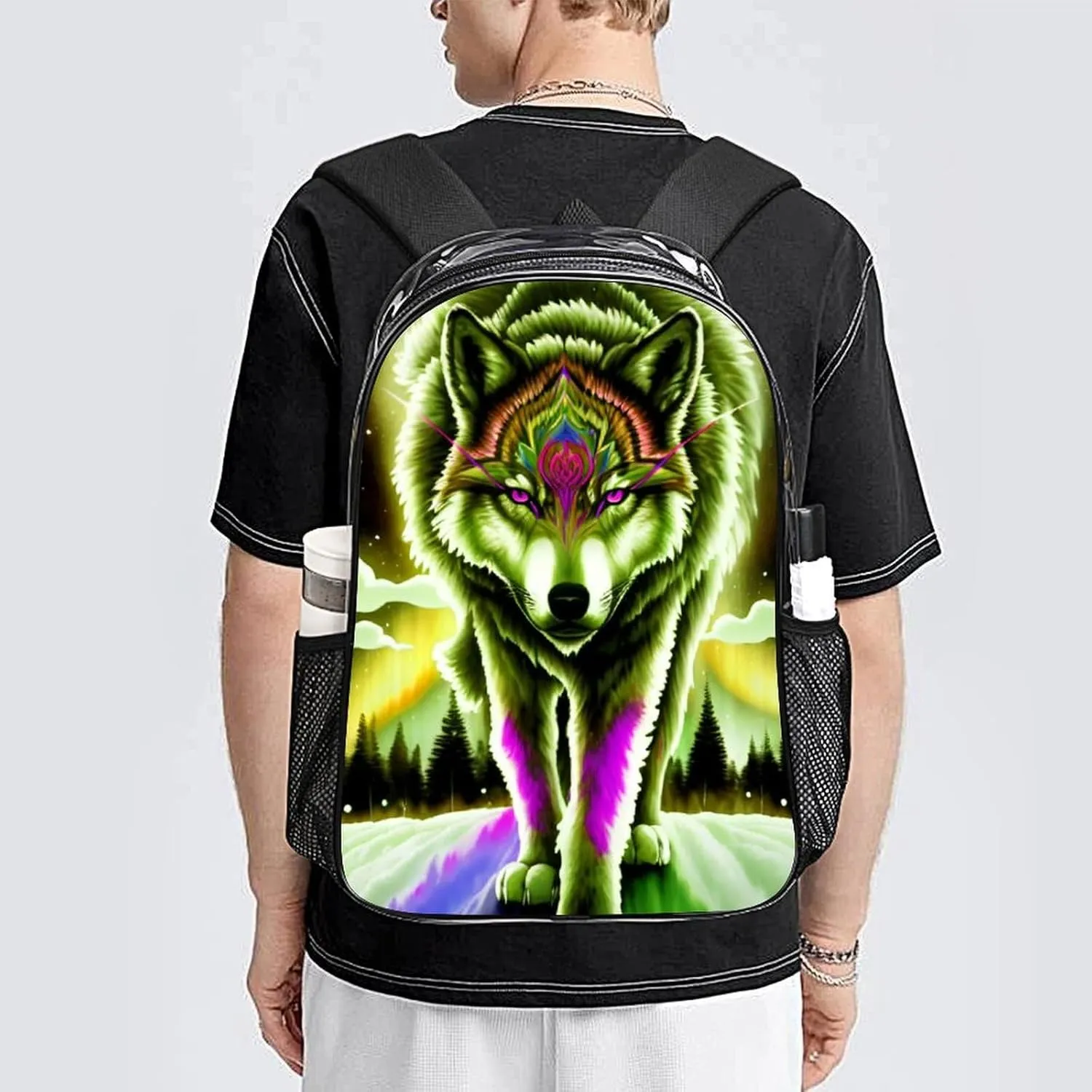 Mountain And Northern Light Wolves Psychedelic Art Shoulder Book Bags Transparent Multipurpose Anti-Theft Carry On Bag Large Capacity Travel Hiking & Camping Rucksack