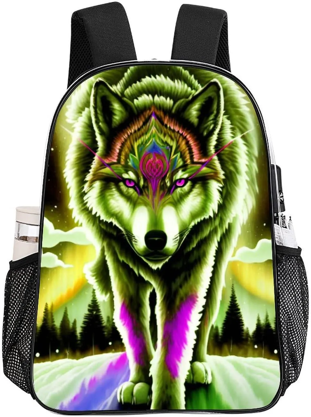 Mountain And Northern Light Wolves Psychedelic Art Shoulder Book Bags Transparent Multipurpose Anti-Theft Carry On Bag Large Capacity Travel Hiking & Camping Rucksack