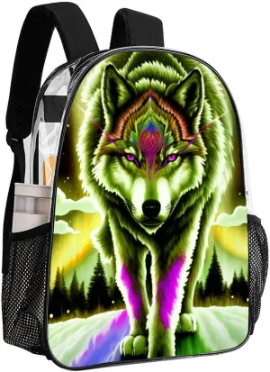 Mountain And Northern Light Wolves Psychedelic Art Shoulder Book Bags Transparent Multipurpose Anti-Theft Carry On Bag Large Capacity Travel Hiking & Camping Rucksack