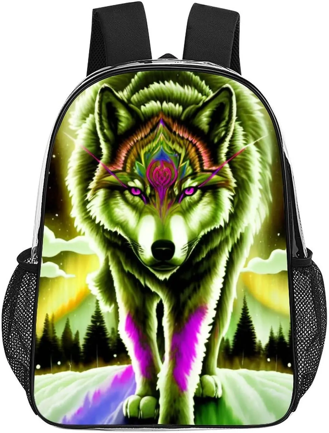Mountain And Northern Light Wolves Psychedelic Art Shoulder Book Bags Transparent Multipurpose Anti-Theft Carry On Bag Large Capacity Travel Hiking & Camping Rucksack
