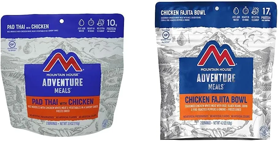Mountain House Pad Thai with Chicken | Freeze Dried Backpacking & Camping Food |2 Servings | Gluten-Free and Mountain House Chicken Fajita Bowl | Freeze Dried Backpacking & Camping Food | 2 Servings | Gluten-Free