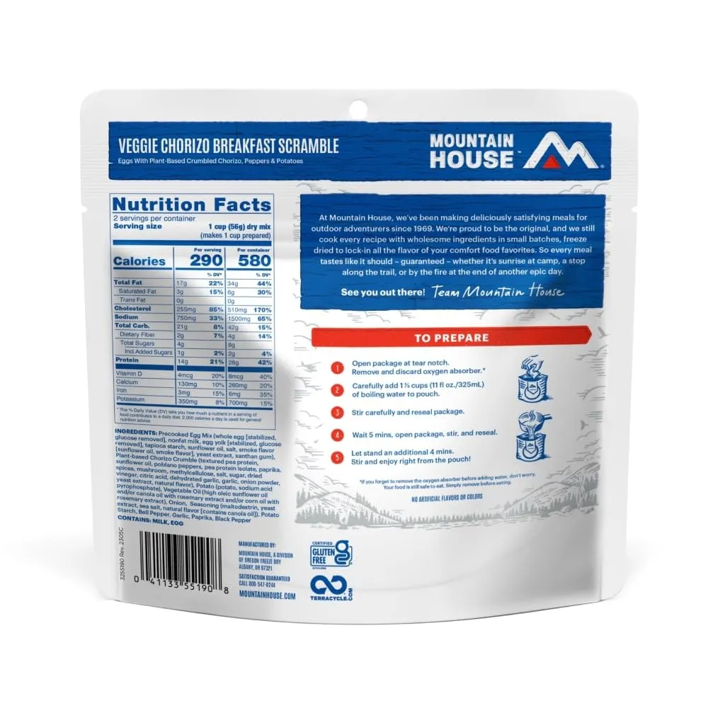 Mountain House Veggie Chorizo Breakfast Scramble | Freeze-Dried Backpacking & Camping Food | 6-Pack | Gluten-Free & Vegetarian