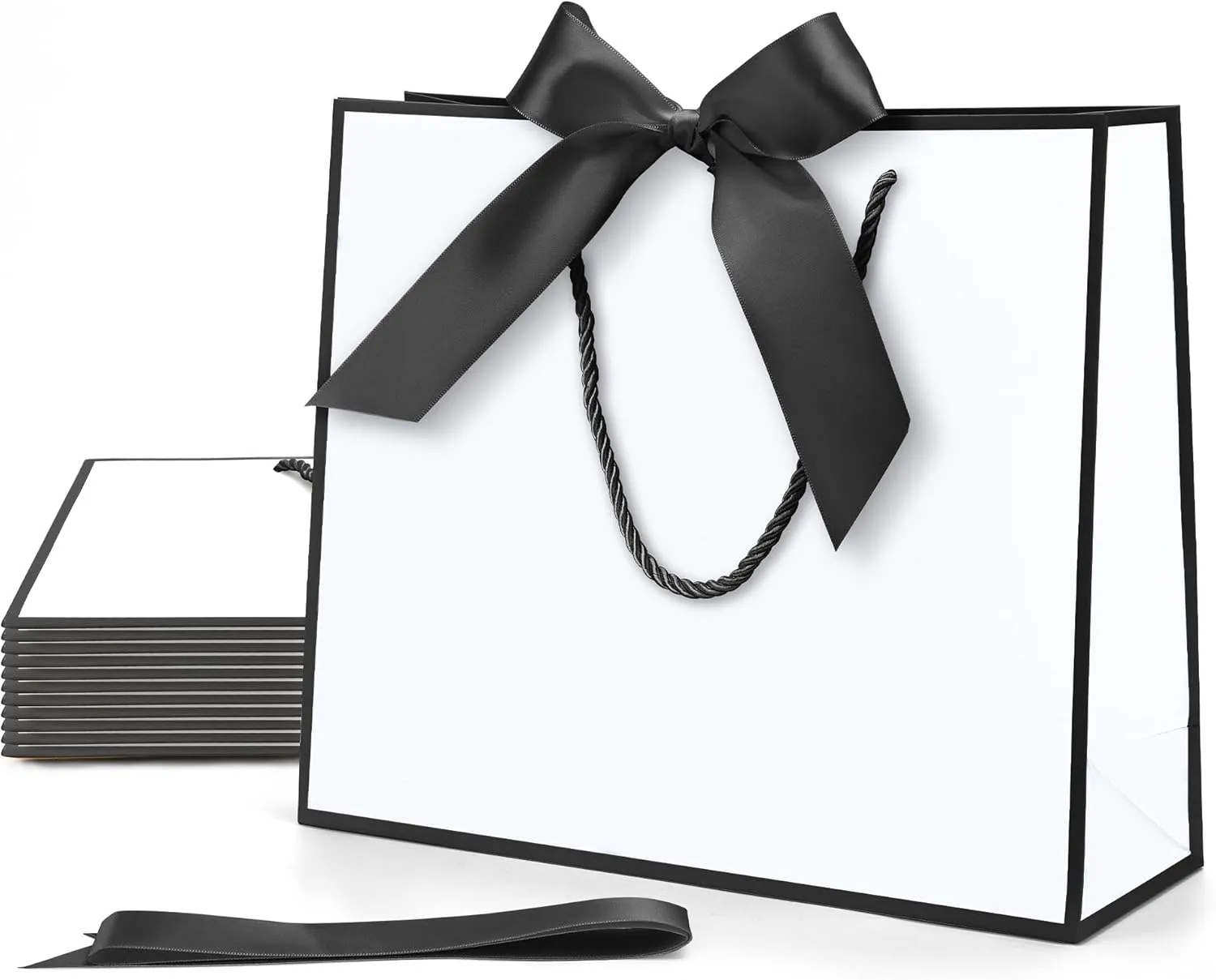 MOXARYSU Gift Bags With Handles: 11.8x4x10 Inch 12pcs Medium Large With Bow Ribbon For Wedding Thanks Bridesmaid Birthday Party (White-Black