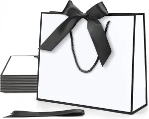 MOXARYSU Gift Bags With Handles: 11.8x4x10 Inch 12pcs Medium Large With Bow Ribbon For Wedding Thanks Bridesmaid Birthday Party (White-Black