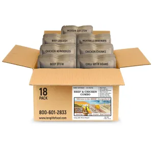MRE Variety Pack 18-Pack – Beef & Chicken Entrees – Long Shelf Life – 2023  Production – by Long Life Food Depot