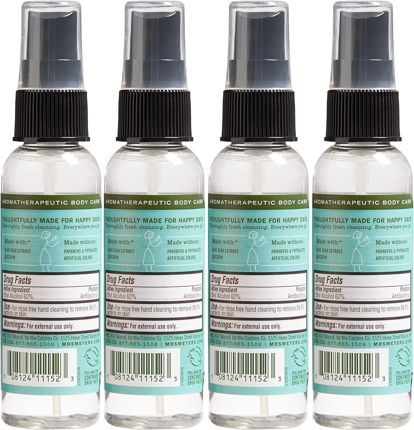 MRS. MEYER'S CLEAN DAY Antibacterial Hand Sanitizer Spray, Travel Size, Removes 99.9% of Bacteria, Basil, 2 oz - Pack of 4