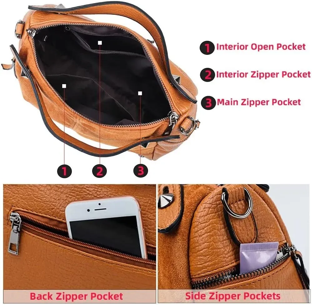 Mudono Shoulder Bag for Women Vintage PU Leather Tote Bag Casual Hobo Crossbody Purse Designer Ladies Top Handle Satchel