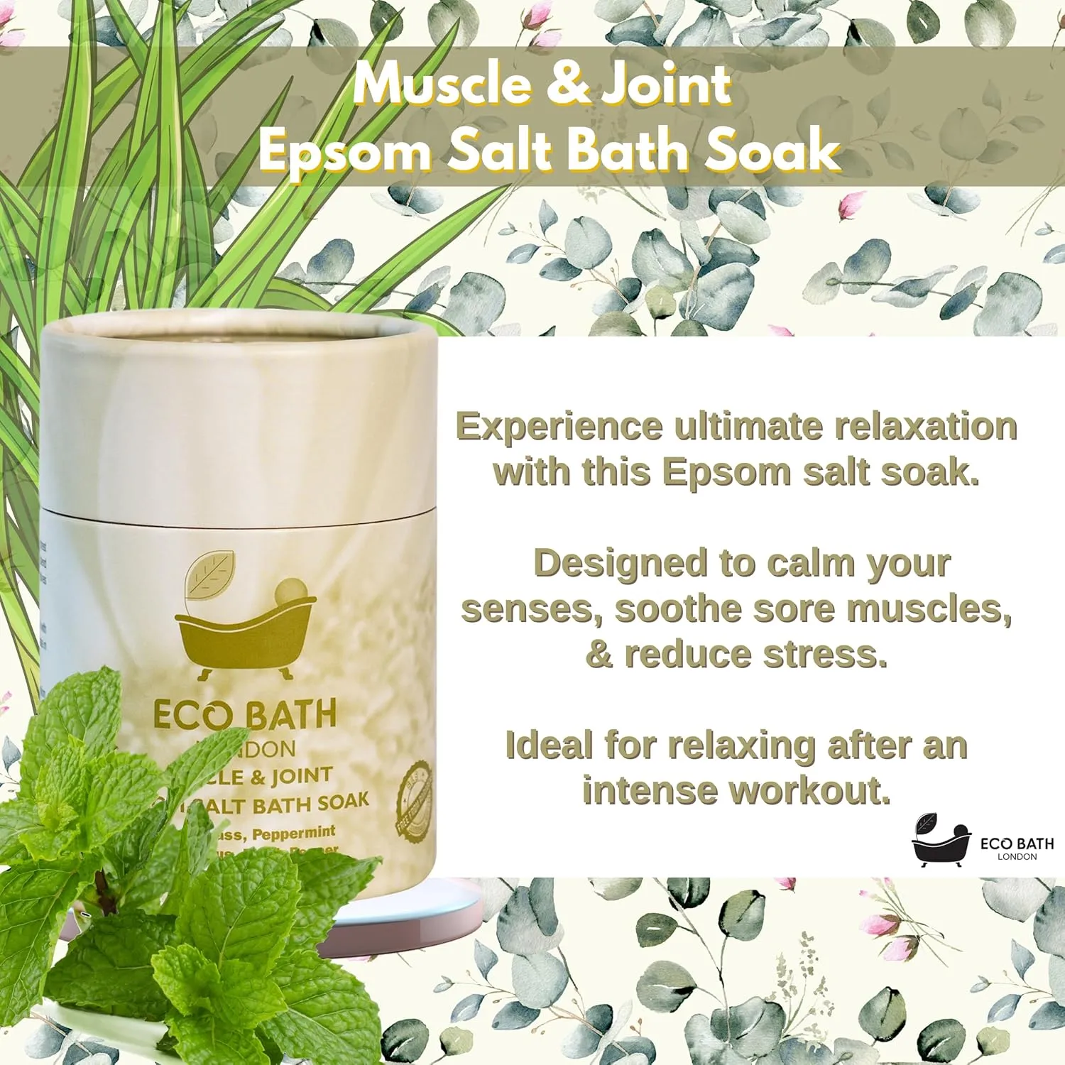 Muscle & Joint Epsom Salt Bath Soak – Made in UK | Magnesium Bath Salts with Lemongrass, Peppermint, Eucalyptus & Black Pepper Oils | Recovery & Muscle Relief Soak - 0.55 LB (250 g)