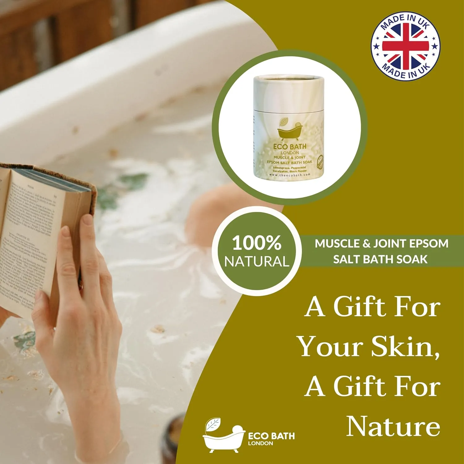 Muscle & Joint Epsom Salt Bath Soak – Made in UK | Magnesium Bath Salts with Lemongrass, Peppermint, Eucalyptus & Black Pepper Oils | Recovery & Muscle Relief Soak - 0.55 LB (250 g)