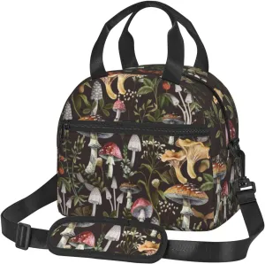 Mushrooms Insulated Black Lunch Bag，Vintage Lunch Box For Men Women Adult，Flower Butterfly Dragonfly Reusable Cooler Lunch Tote Box With Shoulder Strap For Work Picnic Office Outdoor