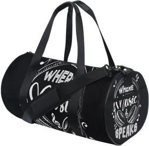 Music Notes Earphone with Where Words Fail, Music Speaks on Black Portable Gym Bag, Travel Bag, Luggage bag, Sports Bag, Toiletry Bag with Handles, Detachable Shoulder Strap 17.6 x 9 x 9 inch