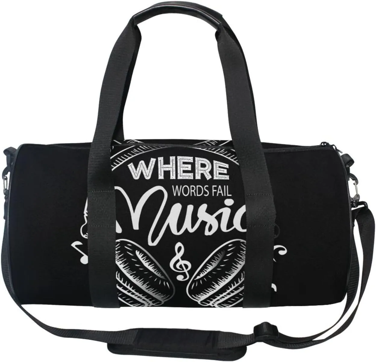 Music Notes Earphone with Where Words Fail, Music Speaks on Black Portable Gym Bag, Travel Bag, Luggage bag, Sports Bag, Toiletry Bag with Handles, Detachable Shoulder Strap 17.6 x 9 x 9 inch