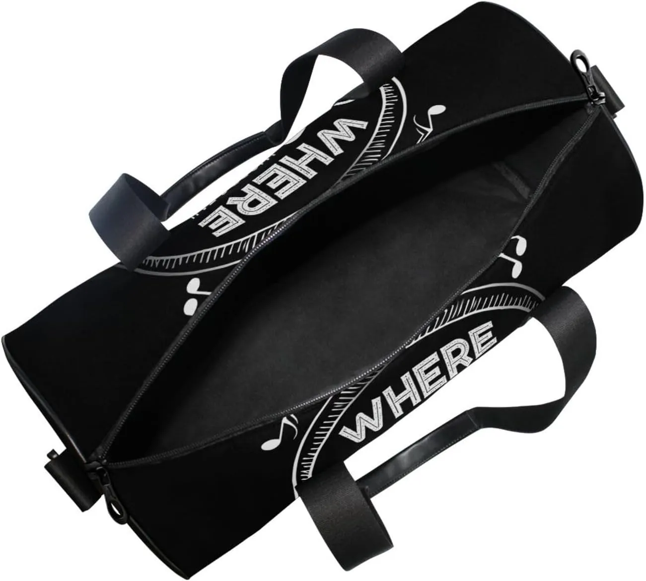 Music Notes Earphone with Where Words Fail, Music Speaks on Black Portable Gym Bag, Travel Bag, Luggage bag, Sports Bag, Toiletry Bag with Handles, Detachable Shoulder Strap 17.6 x 9 x 9 inch
