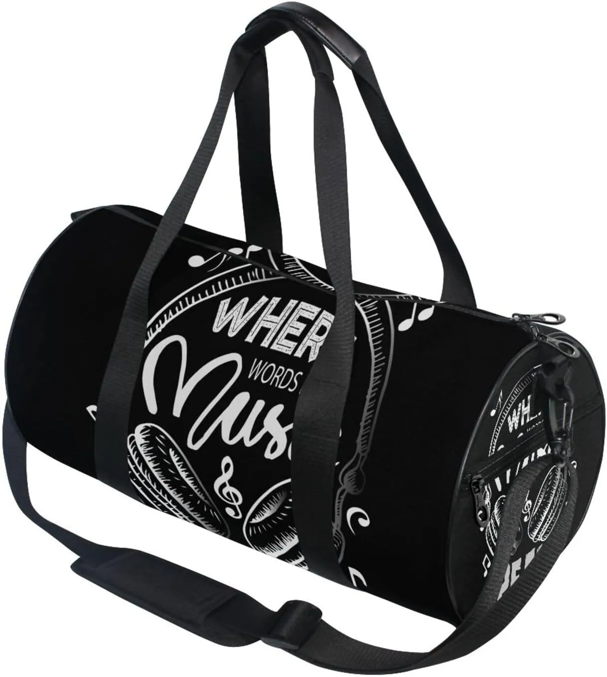 Music Notes Earphone with Where Words Fail, Music Speaks on Black Portable Gym Bag, Travel Bag, Luggage bag, Sports Bag, Toiletry Bag with Handles, Detachable Shoulder Strap 17.6 x 9 x 9 inch